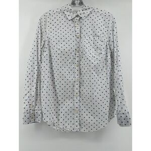 St Johns Bay Womens Medium White Blue Polka Dot Button Down Shirt 100% Cotton